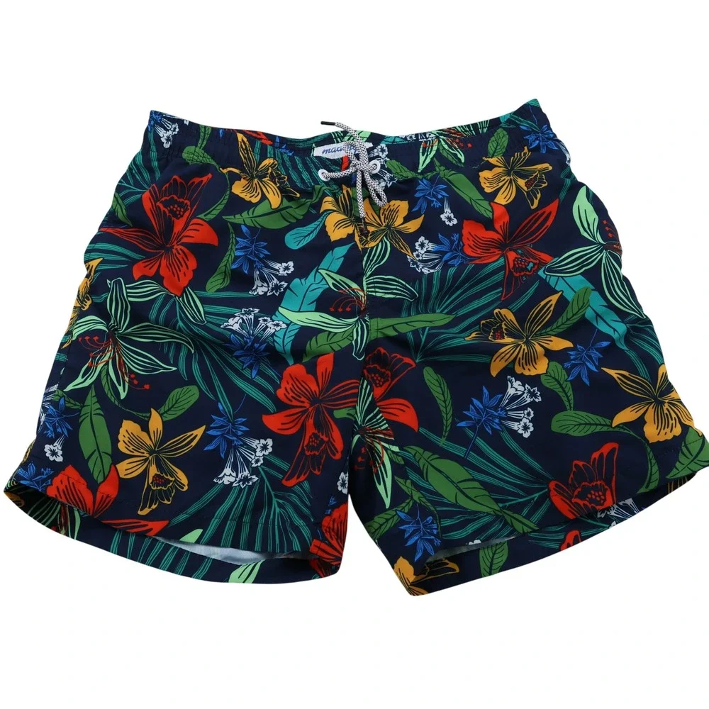 Maamgic‎ Mens Tropical Floral Swim Trunks Navy Blue Mesh Lined Shorts Size L